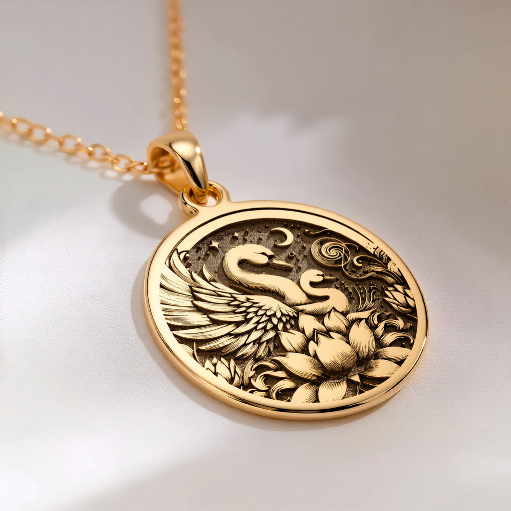 14K solid gold Swan Family Mother & Child pendant, detailed view 2.