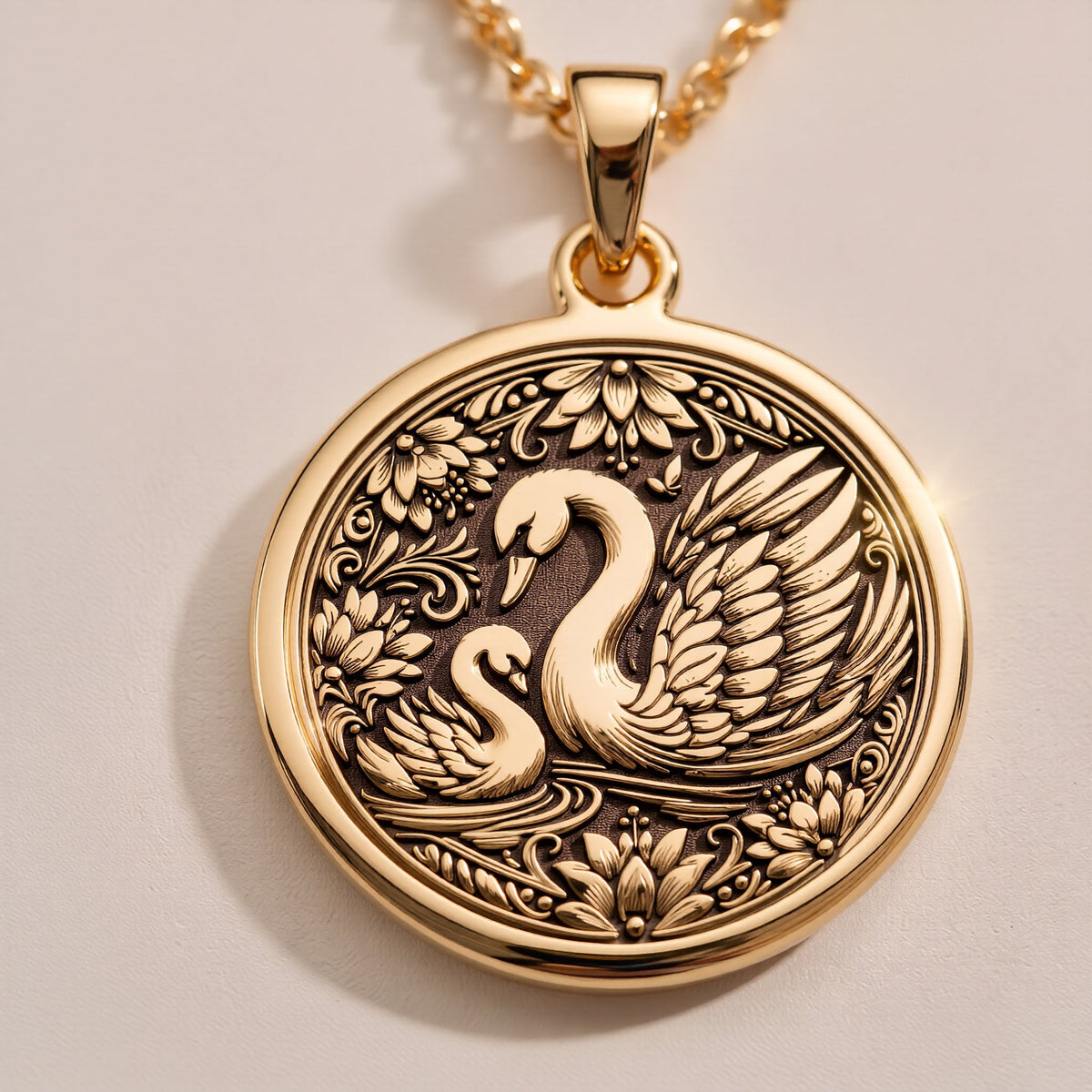 Sterling Silver Mother Baby Swan Pendant with detailed family design. Handcrafted silver coin charm featuring maternal swan with baby cygnet and decorative elements. Family jewelry celebrating unconditional maternal love.