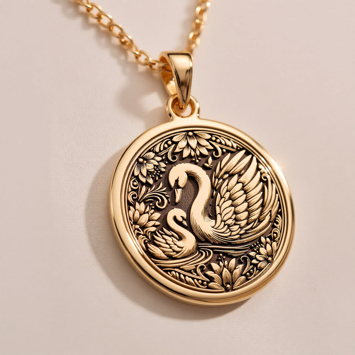 Rose Gold Plated Mother Baby Swan Medallion featuring protective mother swan with baby cygnet surrounded by ornate decorative elements. Elegant family jewelry with detailed maternal symbolism. Warm-toned love talisman.