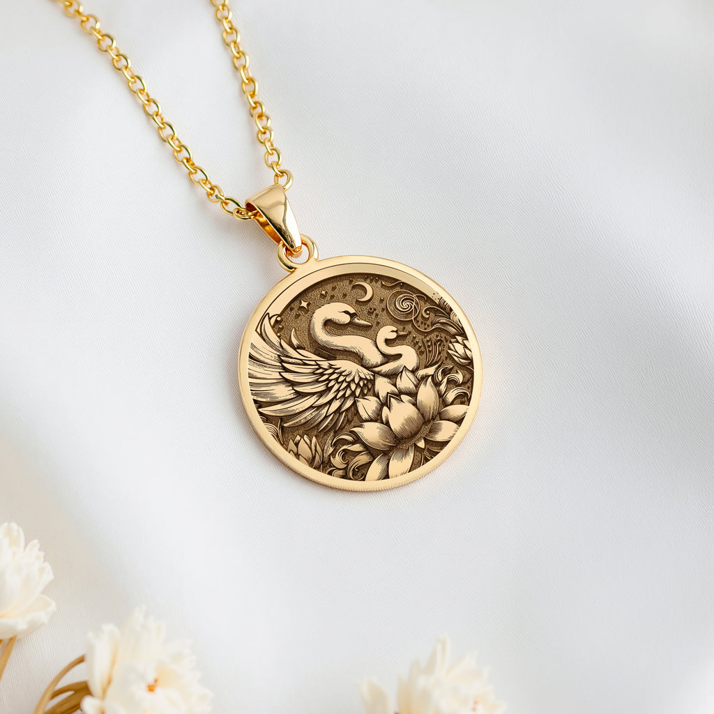14K solid gold Swan Family Mother & Child pendant, detailed view 6.