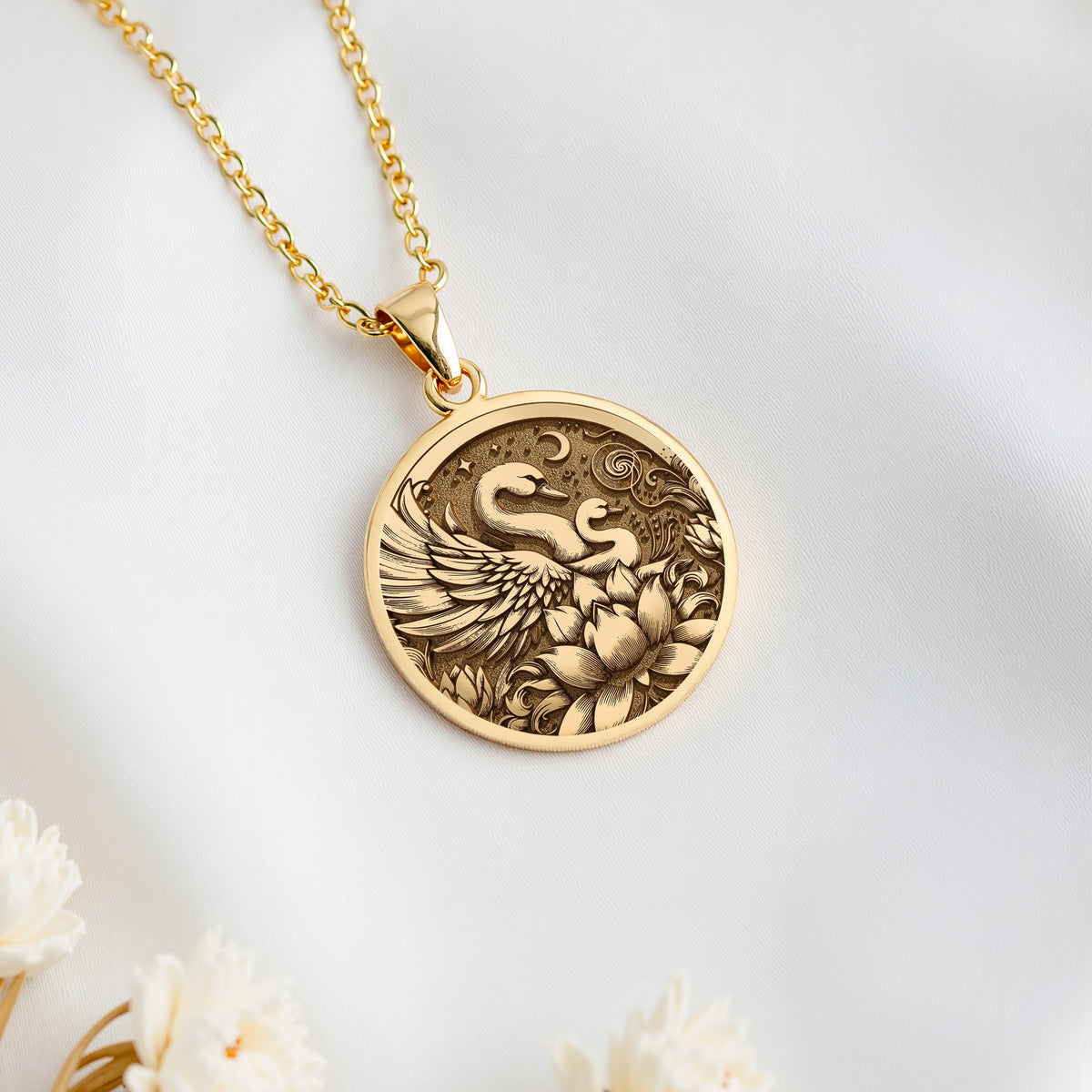 14K solid gold Swan Family Mother & Child pendant, detailed view 6.