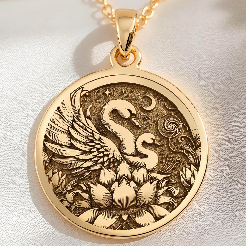 14K solid gold Swan Family Mother & Child pendant, detailed view 10.