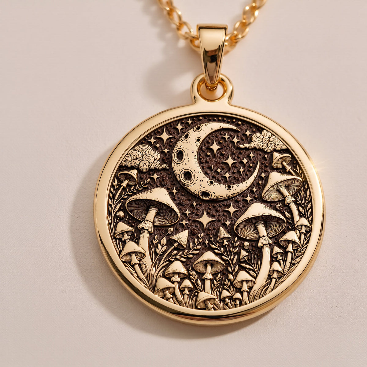925 Sterling Silver Mushroom Necklace – Whimsical celestial pendant with a crescent moon and mushroom design. Perfect for nature lovers and boho-chic styles, crafted in high-quality silver for a sophisticated finish.