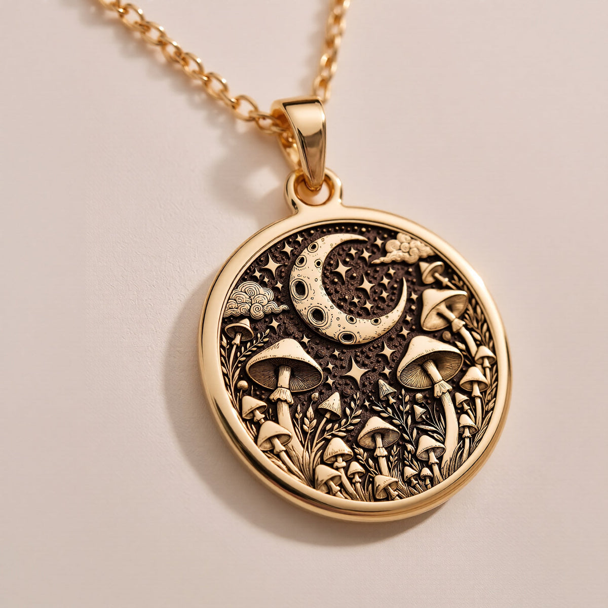 Rose Gold Plated Mushroom Necklace – Enchanting celestial jewelry featuring a crescent moon and mushroom motif. A romantic and stylish pendant, perfect for boho-inspired outfits and nature enthusiasts.
