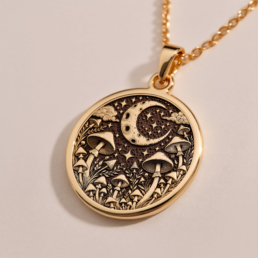 Rose Gold Plated Mushroom Necklace – Enchanting celestial jewelry featuring a crescent moon and mushroom motif. A romantic and stylish pendant, perfect for boho-inspired outfits and nature enthusiasts.