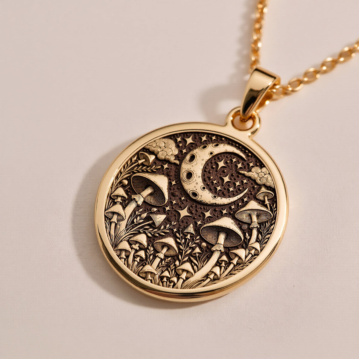 925 sterling silver Mushroom & Moon Pendant: size chart  gold medallions in 14mm to 35m...