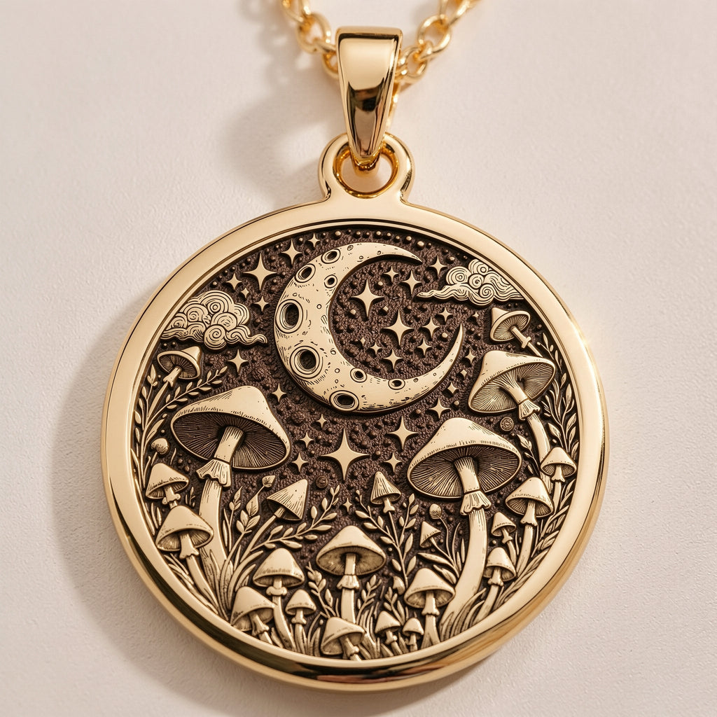 Mushroom & Moon Pendant | 14K Gold & Silver Options - Boho Forest Nature Lover Gift - Image 2