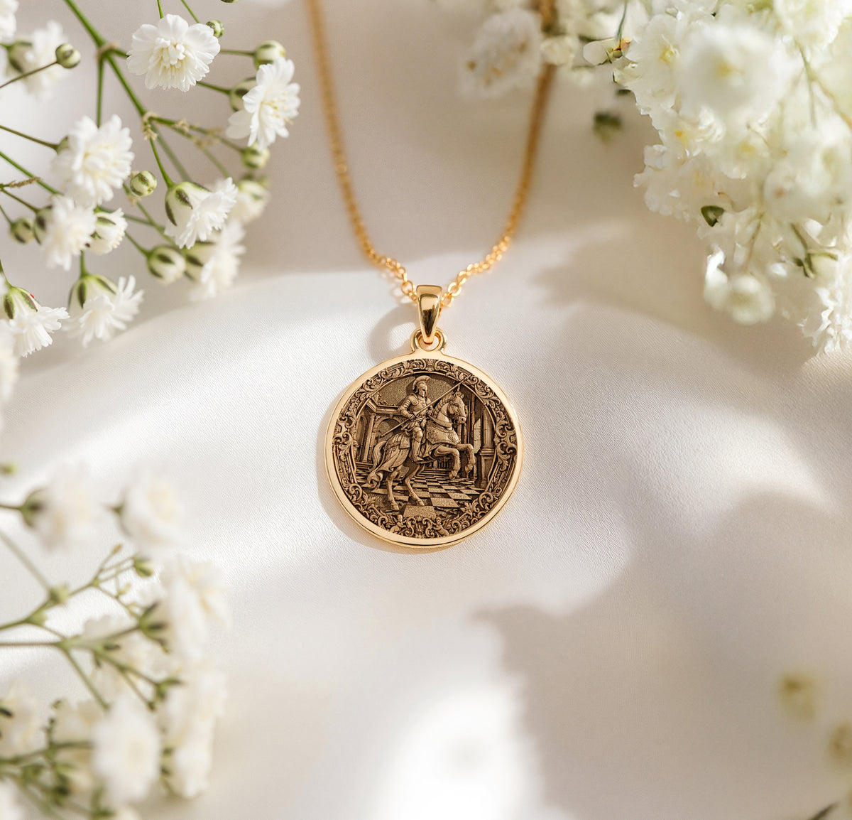 Knight Chess Coin Horse Head Necklace | 14K Solid Gold - Strategy Game Lover Gift