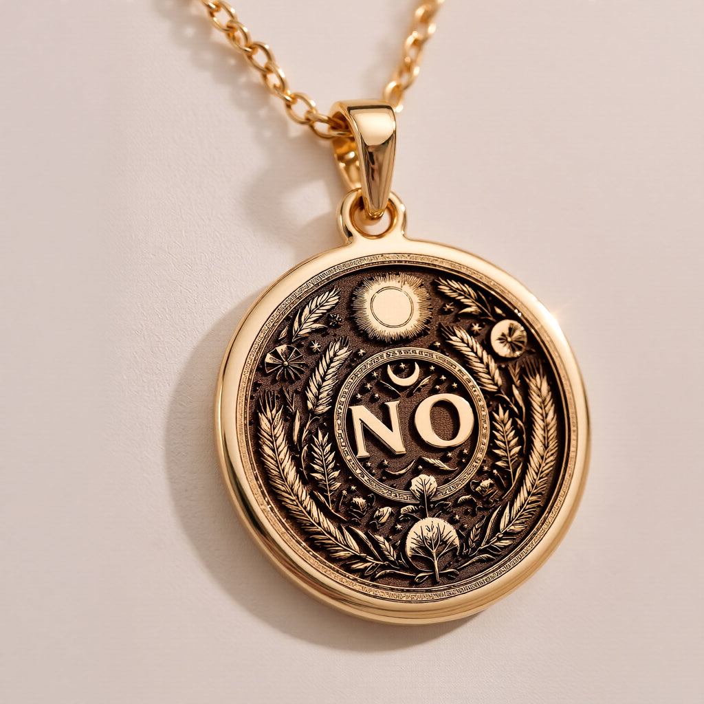 925 Sterling Silver NO Pendant with detailed boundary design. Handcrafted silver coin charm featuring empowering affirmation surrounded by protective evil eye, moon and laurel elements. Self-respect jewelry celebrating personal sovereignty.