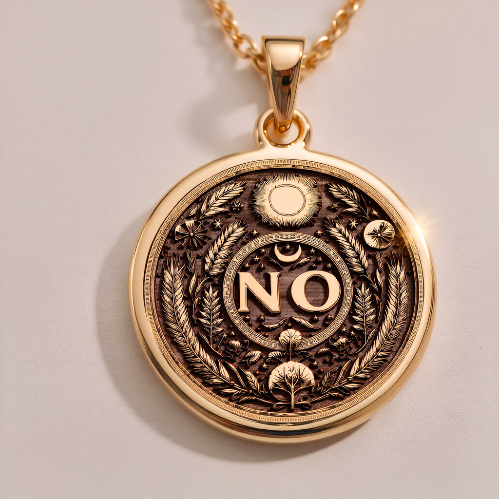 Rose Gold Plated NO Medallion featuring powerful boundary statement with protective eye and botanical symbols. Elegant self-advocacy jewelry with detailed spiritual and natural elements. Warm-toned empowerment talisman.