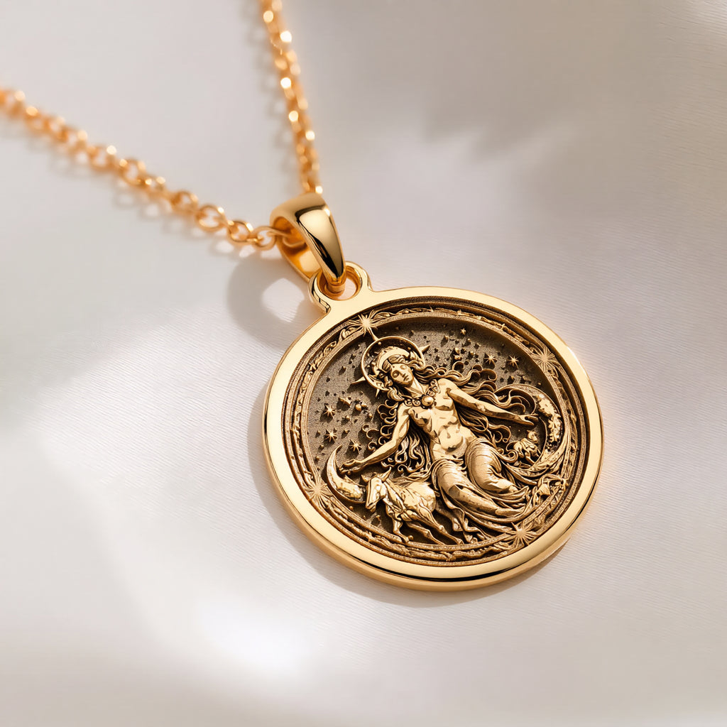 14K solid gold Nyx Goddess of Night Pendant: round  of Nyx Greek goddess of night with ...