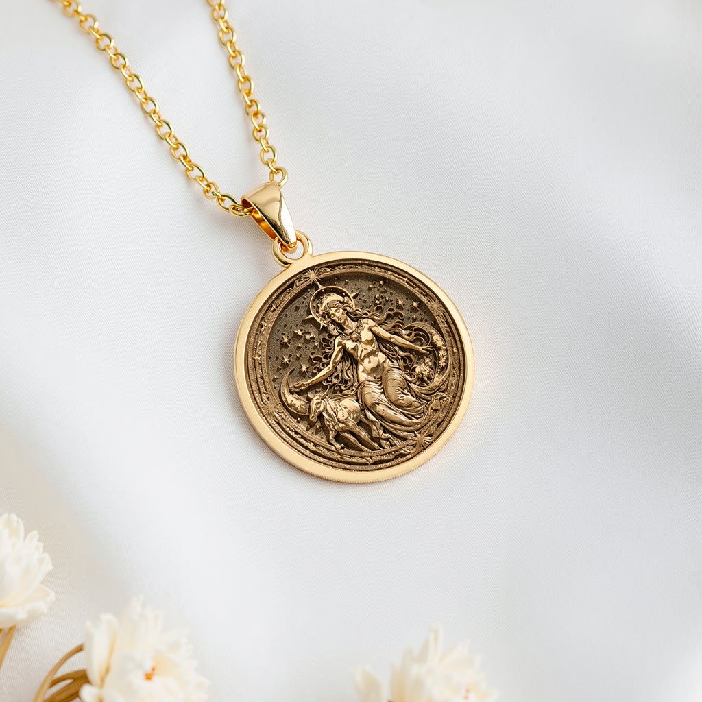 14K solid gold Nyx Goddess of Night Pendant: round  of Nyx Greek goddess of night with ...