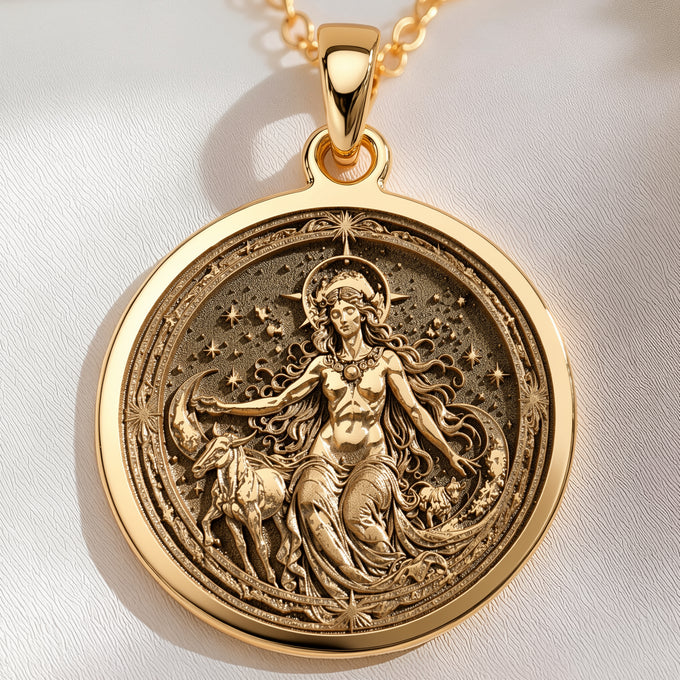 14K solid gold Nyx Goddess of Night Pendant: round  of Nyx Greek goddess of night with ...