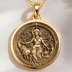 14K solid gold Nyx Goddess of Night Pendant: round  of Nyx Greek goddess of night with ...