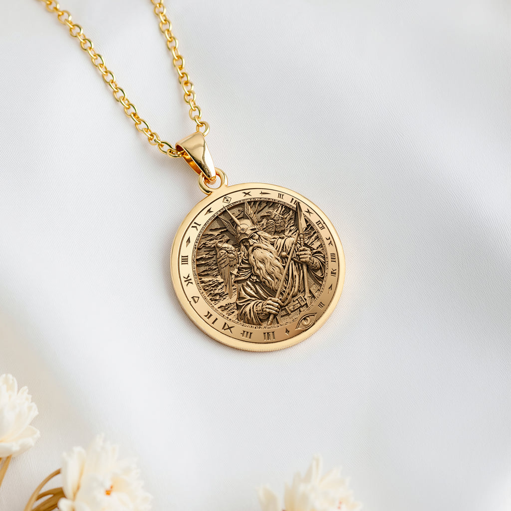 14K solid gold Odin Allfather Viking Pendant: round  of Odin Norse Allfather with engra...