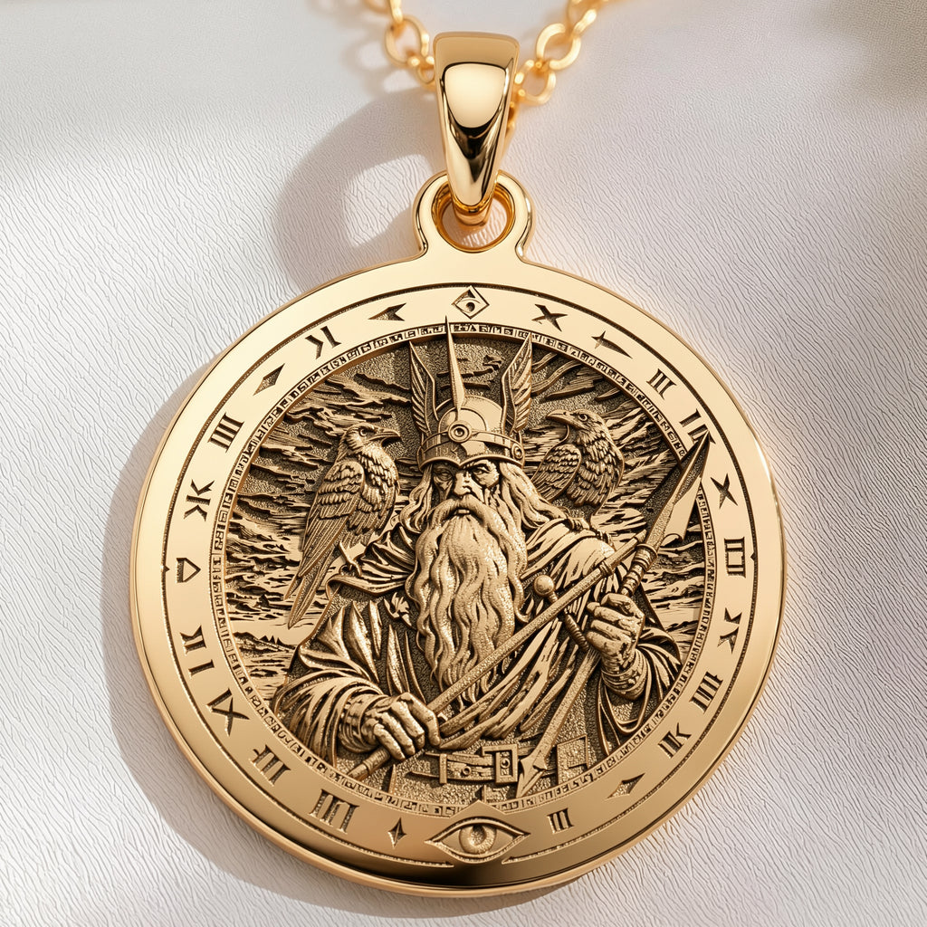 14K solid gold Odin Allfather Viking Pendant: round  of Odin Norse Allfather god with e...