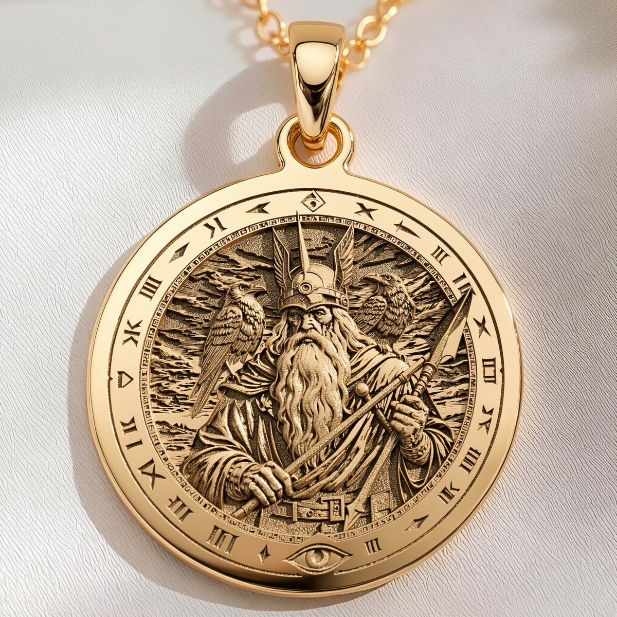 14K solid gold Odin Allfather Viking Pendant: round  of Odin Norse Allfather god with e...