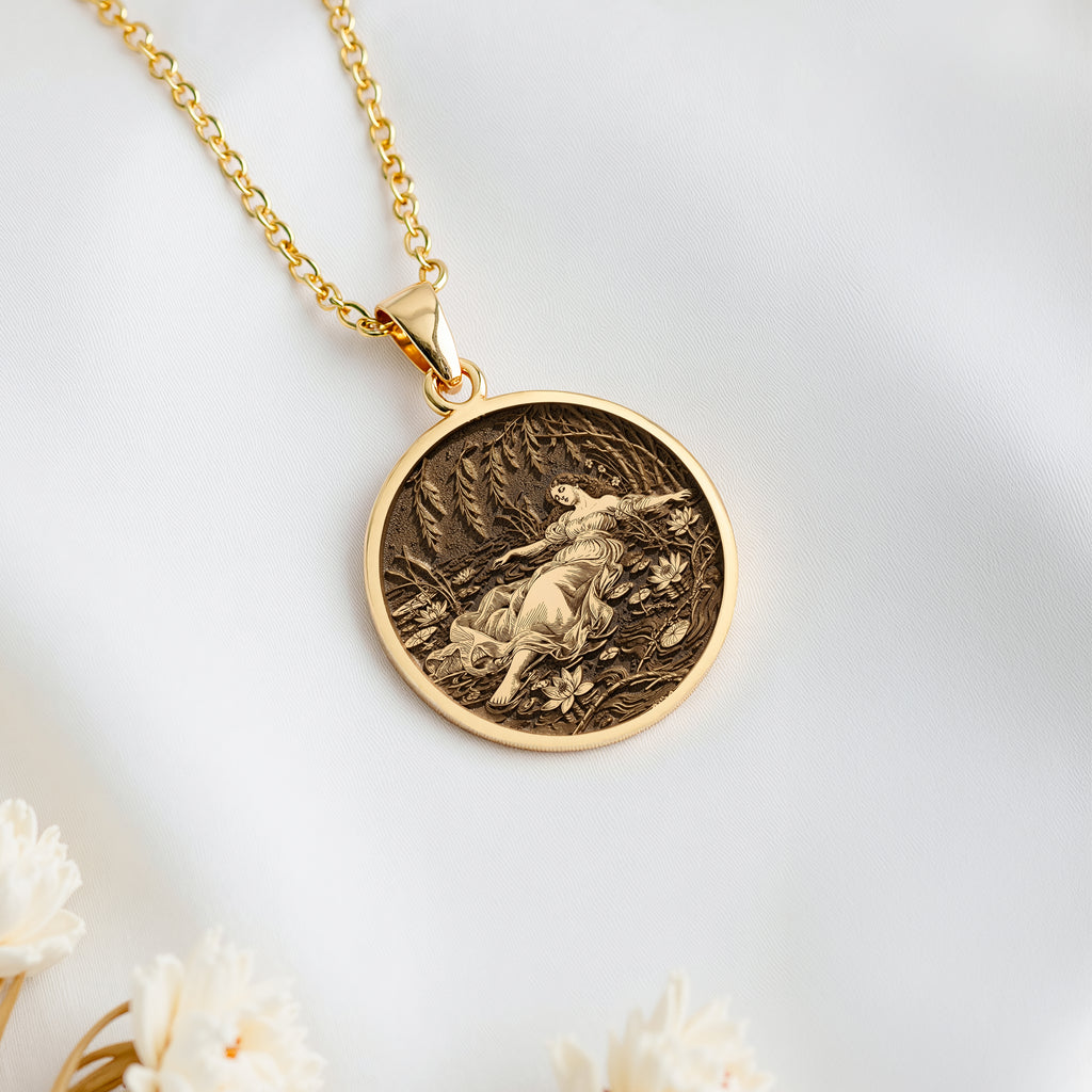 14K solid gold Ophelia Shakespeare Literary Pendant: round  of Ophelia Shakespeare lite...
