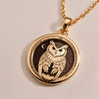 925 Sterling Silver Owl Pendant with medallion design. Handcrafted silver owl talisman with textured feathers and symbolic pattern. Spiritual protective charm necklace featuring wisdom animal, perfect milestone gift.