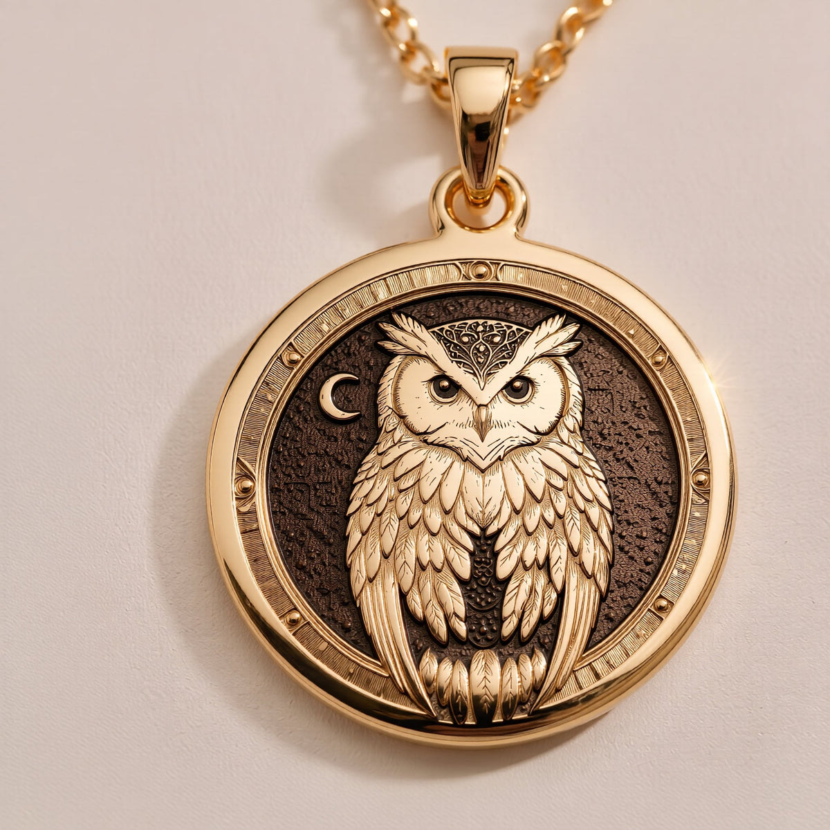 Rose Gold Plated Owl Medallion Pendant featuring detailed wisdom bird. Elegant feminine jewelry with intricate feather details. Warm-toned spiritual owl talisman necklace, perfect meaningful gift for protection.