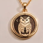 Rose Gold Plated Owl Medallion Pendant featuring detailed wisdom bird. Elegant feminine jewelry with intricate feather details. Warm-toned spiritual owl talisman necklace, perfect meaningful gift for protection.