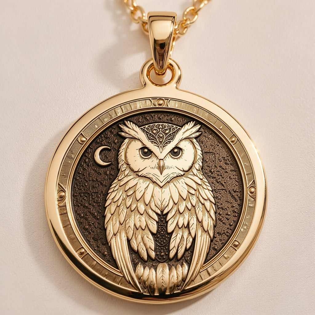 Rose Gold Plated Owl Pendant with medallion design. Warm-toned wisdom symbol charm with detailed feathers and expressive eyes. Spiritual animal talisman jewelry, perfect gift for graduation or special occasion.