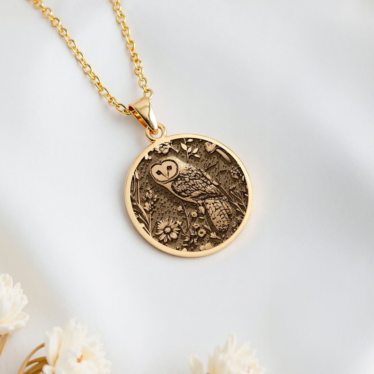 14K solid gold Owl Wisdom Symbol Pendant: round  engraved barn owl bird of prey surroun...