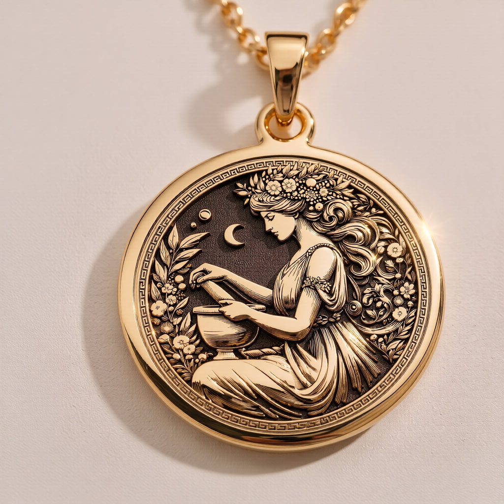 925 Sterling Silver Panacea Pendant with medallion design. Handcrafted silver coin charm with detailed Greek healing goddess profile and botanical border. Medicine symbol necklace featuring health deity, perfect medical professional gift.