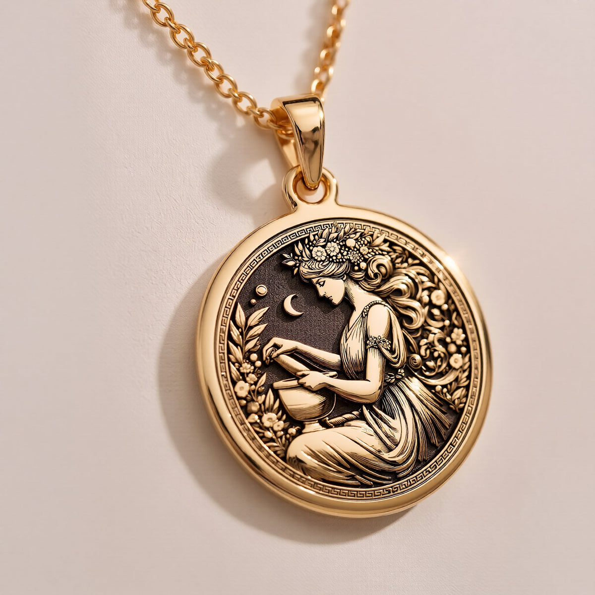 Rose Gold Plated Panacea Medallion featuring Greek healing goddess with medicinal vessel. Elegant wellness jewelry with intricate floral wreath border. Warm-toned mythology coin pendant, perfect meaningful gift for medical field.