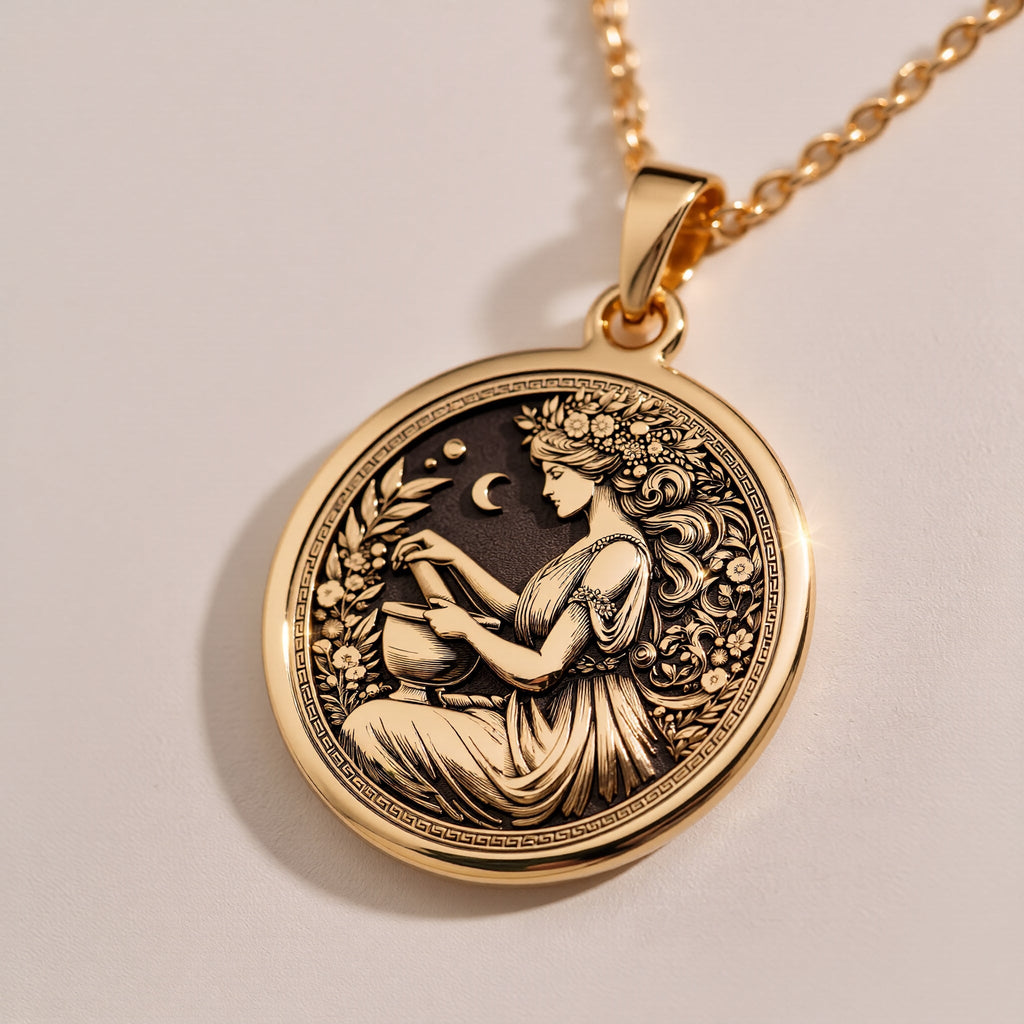 Rose Gold Plated Panacea Pendant with ancient coin design. Warm-toned healing goddess medallion with detailed profile and botanical elements. Greek medicine deity jewelry perfect for medical graduation or wellness-focused gift.