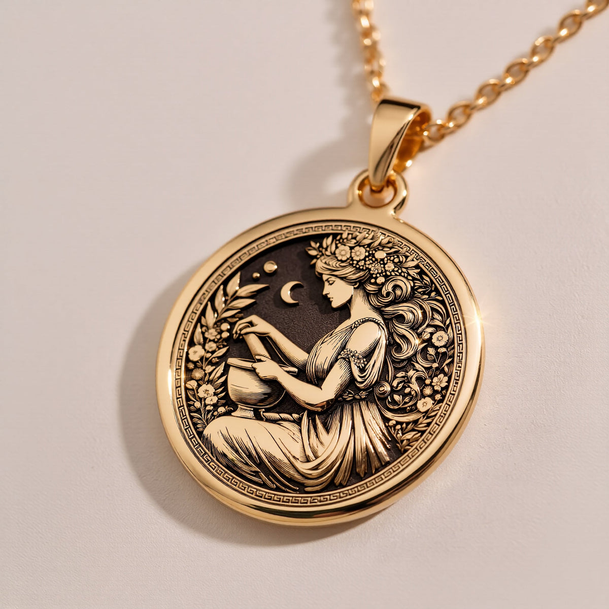 Rose Gold Plated Panacea Pendant with ancient coin design. Warm-toned healing goddess medallion with detailed profile and botanical elements. Greek medicine deity jewelry perfect for medical graduation or wellness-focused gift.