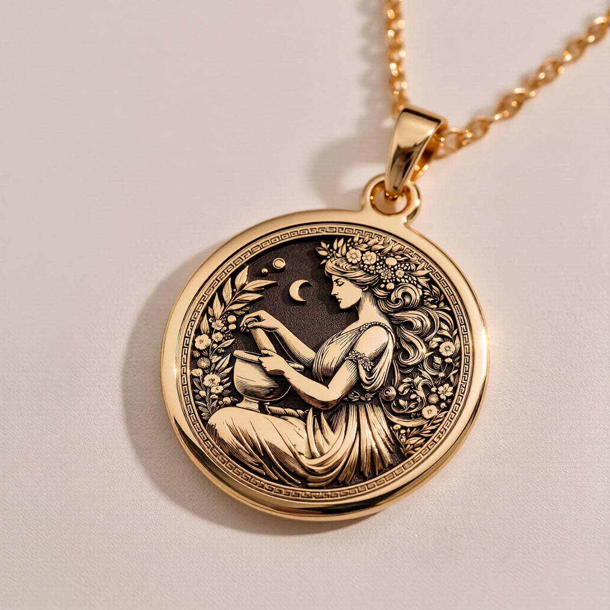 Silver plated Panacea Goddess Medallion: round  size chart dimensions 14mm to 35mm with...