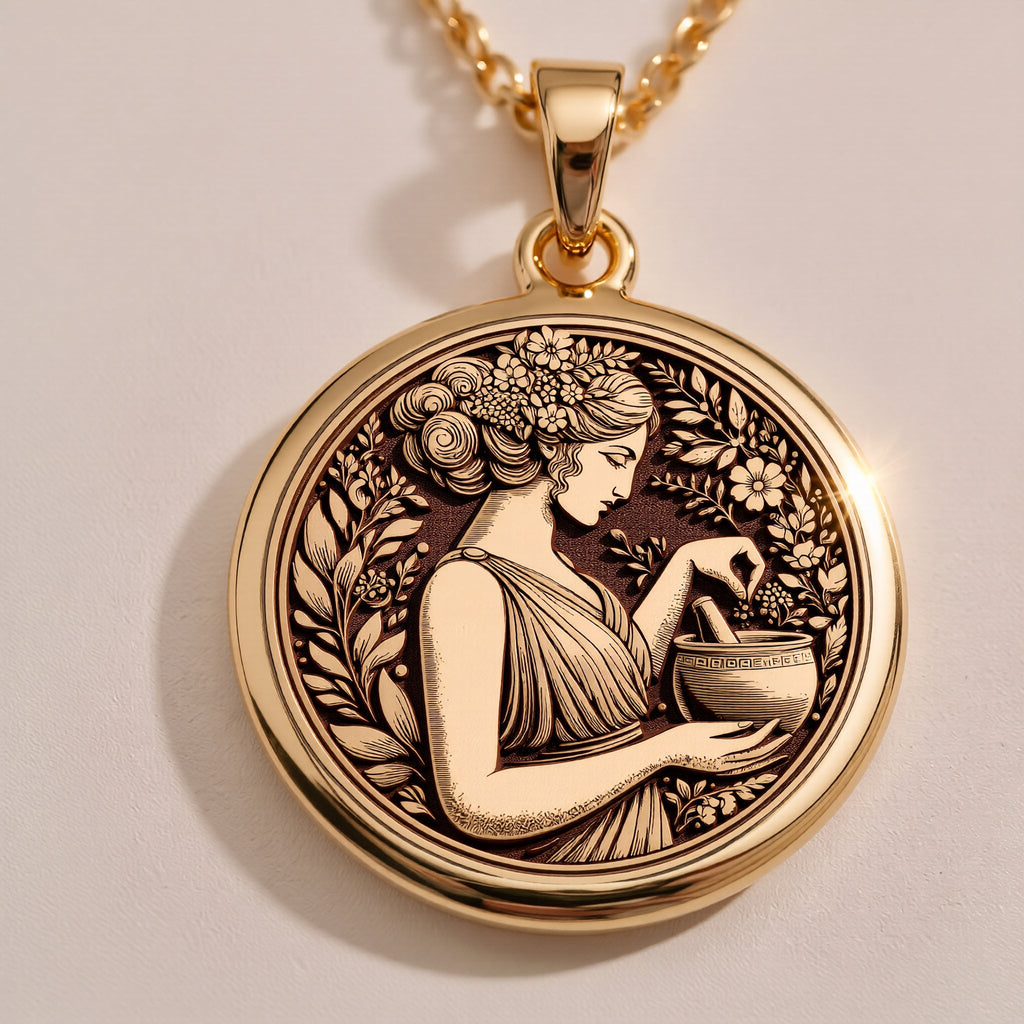 Rose Gold Plated Panacea Medallion featuring Greek healing goddess with herbal elements. Elegant wellness jewelry with celestial symbols and intricate border. Warm-toned mythological pendant, perfect meaningful gift for healers.
