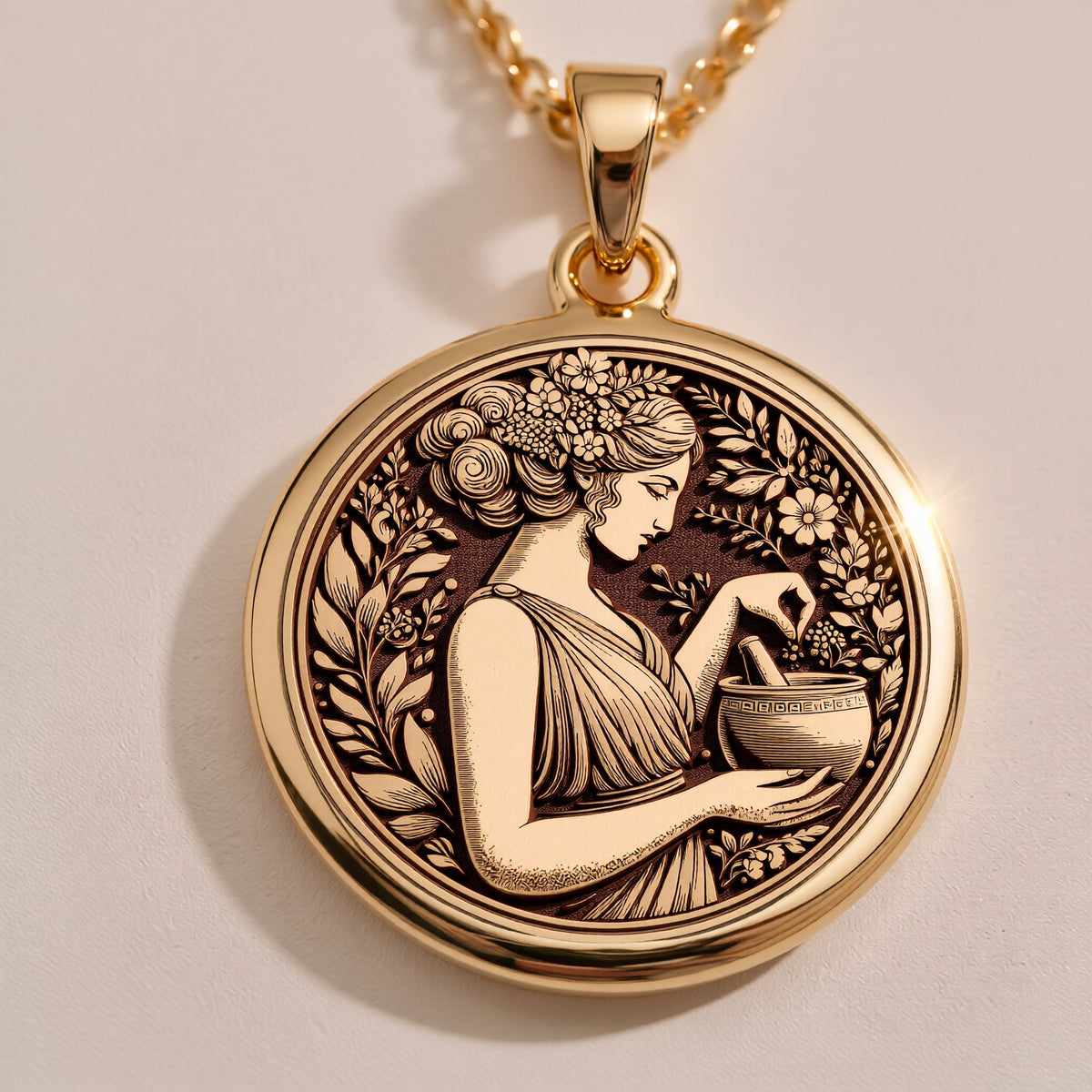 Rose Gold Plated Panacea Medallion featuring Greek healing goddess with herbal elements. Elegant wellness jewelry with celestial symbols and intricate border. Warm-toned mythological pendant, perfect meaningful gift for healers.
