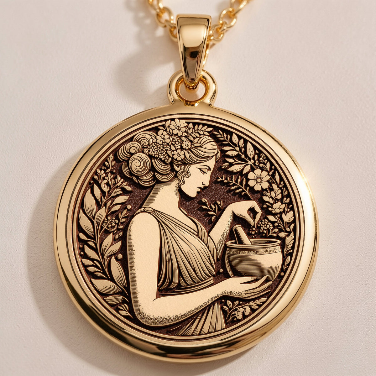 Rose Gold Plated Panacea Pendant with ancient coin design. Warm-toned healing goddess medallion with floral elements and crescent moons. Greek medicine deity jewelry celebrating divine feminine healing energy.