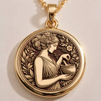 Rose Gold Plated Panacea Pendant with ancient coin design. Warm-toned healing goddess medallion with floral elements and crescent moons. Greek medicine deity jewelry celebrating divine feminine healing energy.
