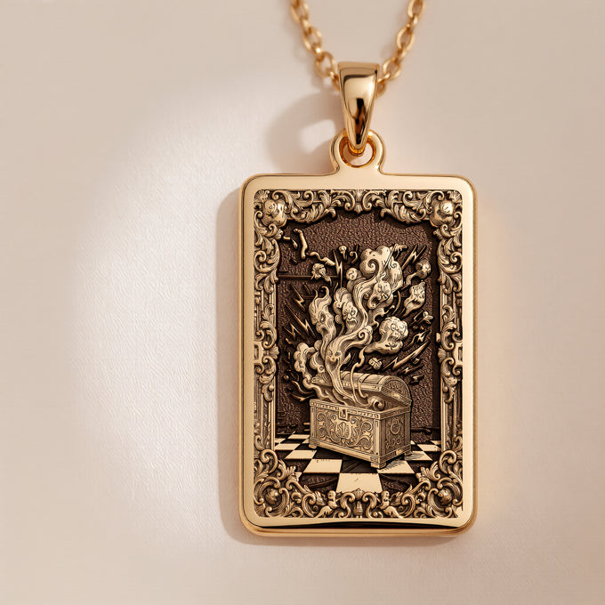 14K solid gold Pandora's Box necklace featuring ancient mythology symbols. Polished antique gold jewelry.