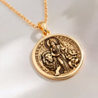 14K solid gold Parvati Ganesha Divine Couple Pendant: round  Hindu goddess Parvati seat...