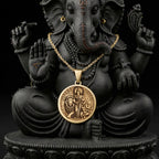 14K solid gold Parvati Ganesha Divine Couple Pendant: round  Hindu goddess Parvati seat...