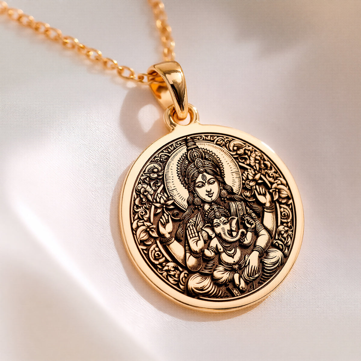 14K solid gold Parvati Goddess Devotion Necklace: round  of Parvati Hindu goddess with ...