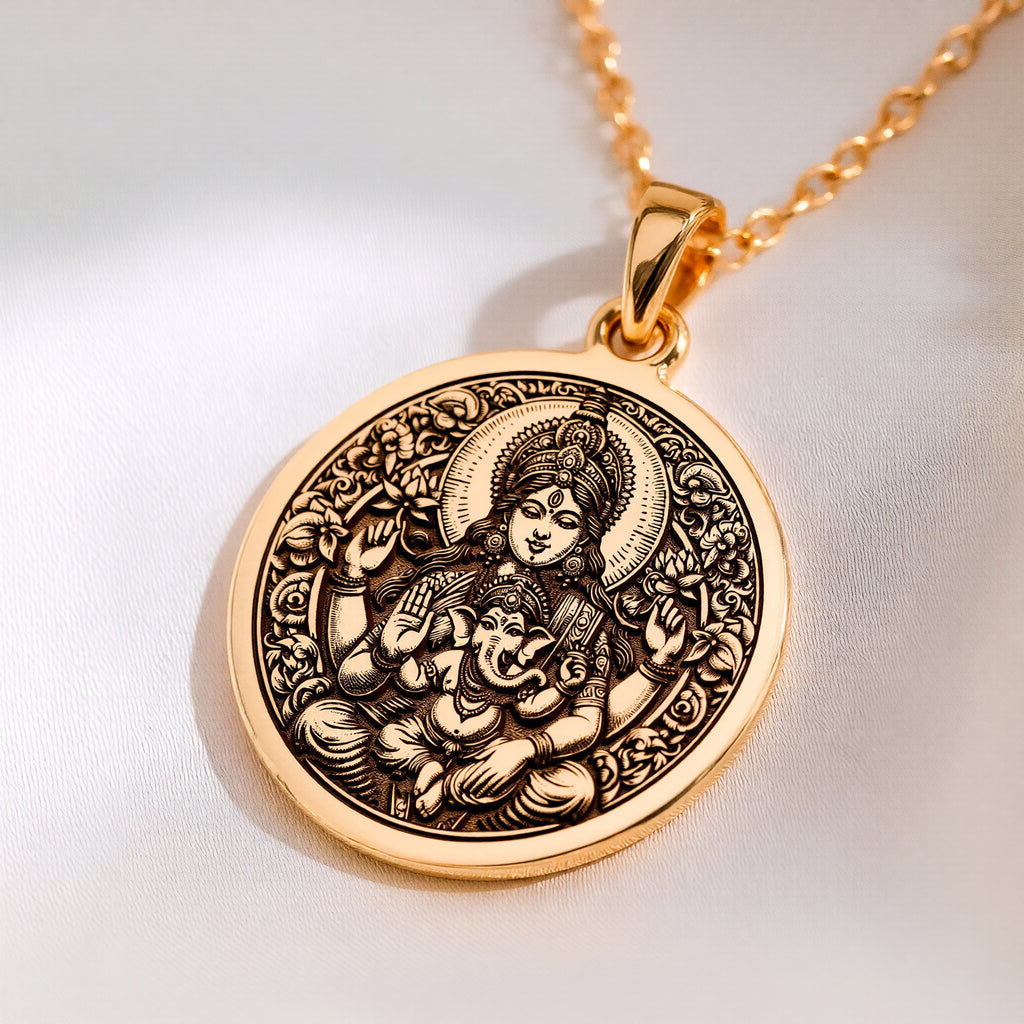 14K solid gold Parvati Goddess Devotion Necklace: round  of Hindu goddess Parvati with ...