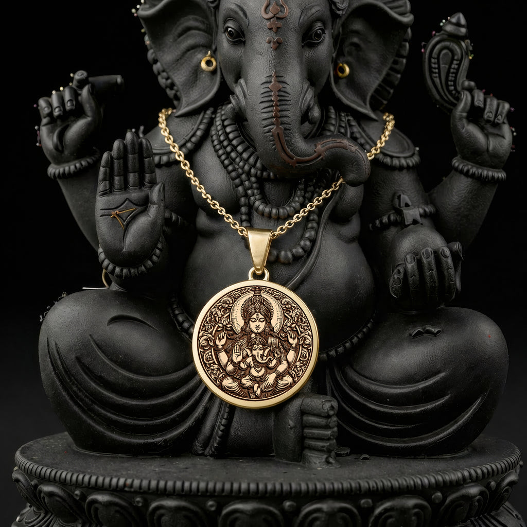 14K solid gold Parvati Goddess Devotion Necklace: round  Hindu goddess Parvati seated w...