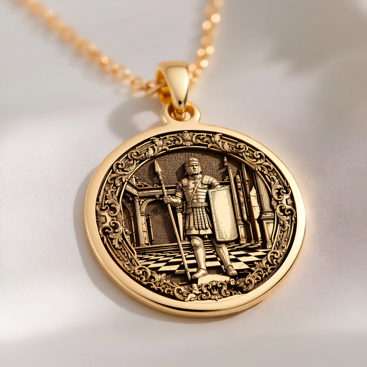 Pawn Chess Coin Strategy Charm Pendant — 14K Gold Plated Over 925 Sterling Silver front view