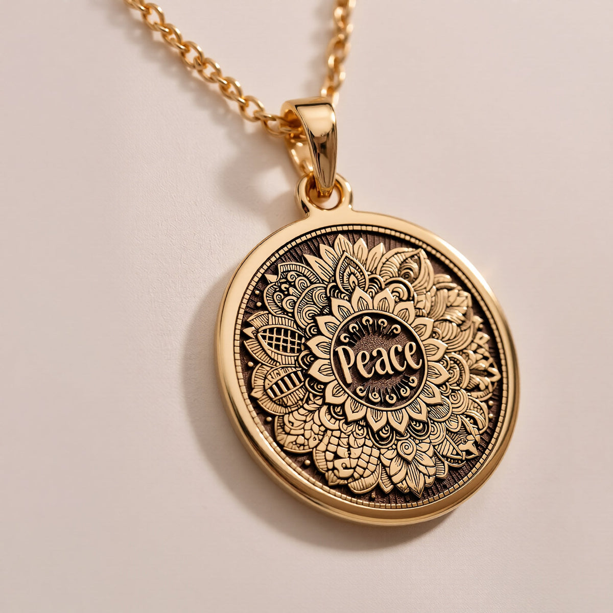 Charming Rose Gold Plated Peace Mandala Necklace with intricate spiritual detailing. A bohemian-inspired pendant ideal for yoga lovers and mindfulness enthusiasts. Makes a thoughtful and elegant gift for any occasion or celebration.