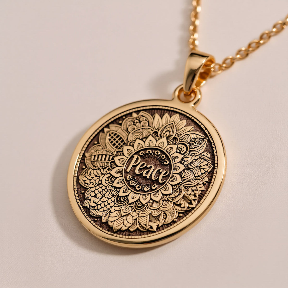 Charming Rose Gold Plated Peace Mandala Necklace with intricate spiritual detailing. A bohemian-inspired pendant ideal for yoga lovers and mindfulness enthusiasts. Makes a thoughtful and elegant gift for any occasion or celebration.
