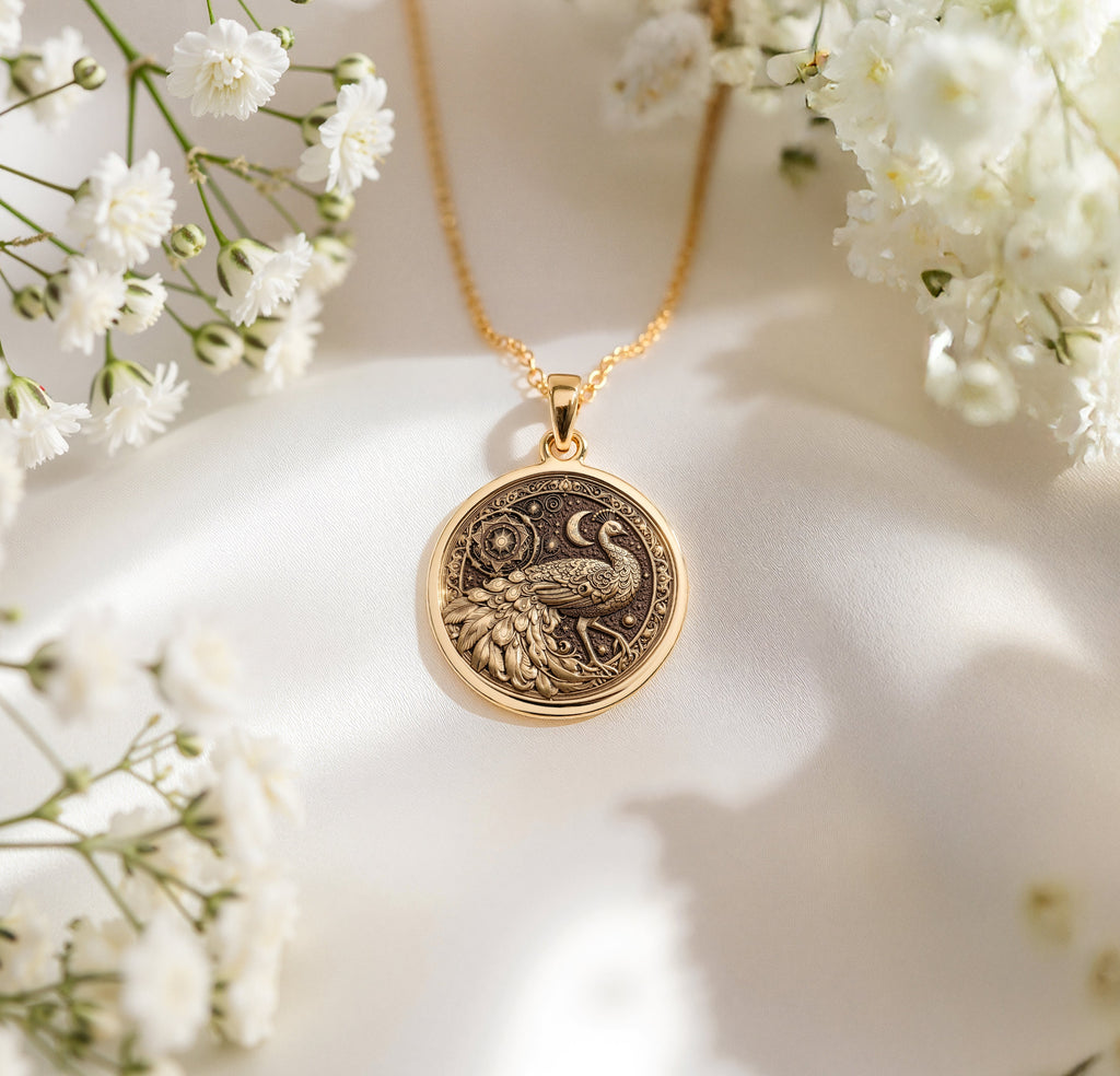 Radiant 14K Gold Plated peacock pendant, detailed with feathers and cosmic motifs. An artistic and nature-inspired gold necklace.