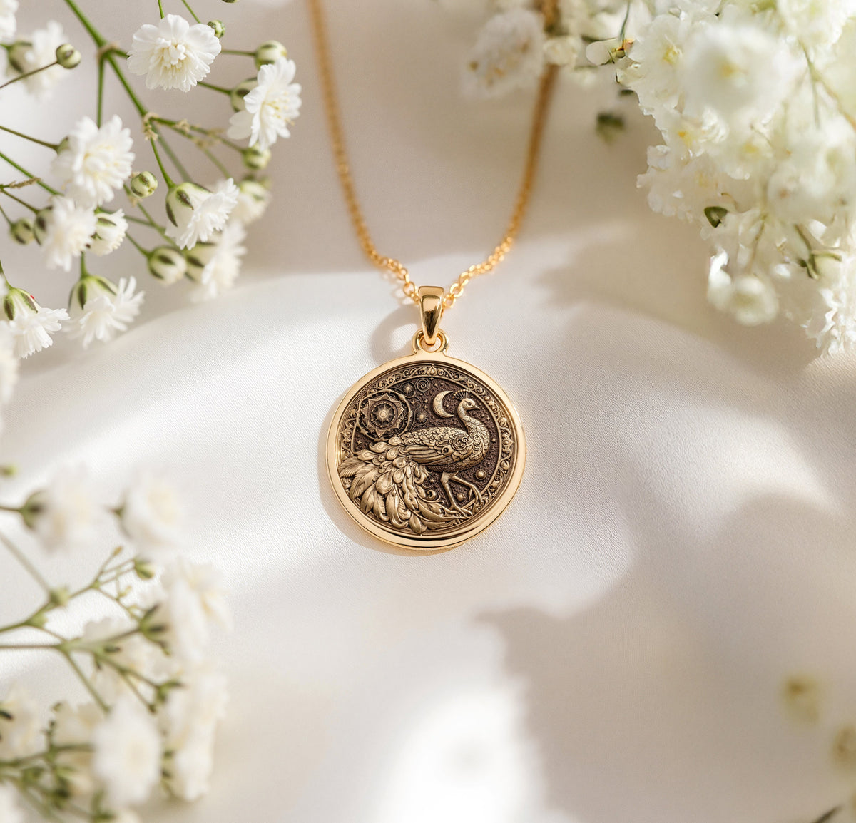 Radiant 14K Gold Plated peacock pendant, detailed with feathers and cosmic motifs. An artistic and nature-inspired gold necklace.