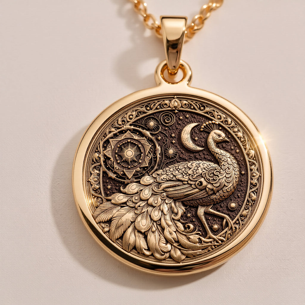 Detailed 925 Sterling Silver bird charm in peacock form, surrounded by stars and mandala patterns. A spiritual and graceful accessory.