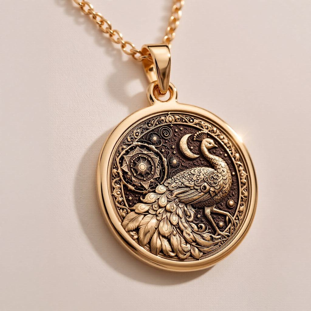 Stylish Rose Gold Plated peacock medallion necklace with rich engraved textures. A feminine bird pendant for her.