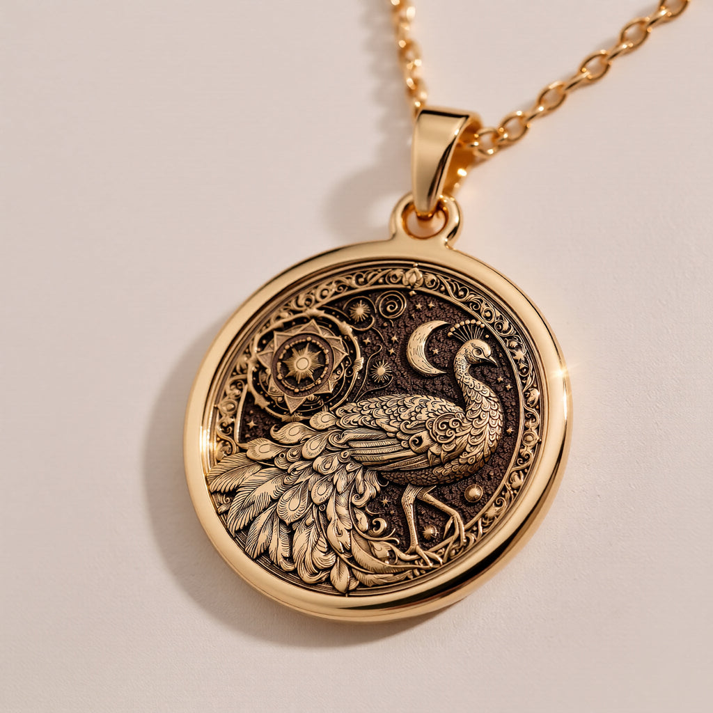 Elegant Rose Gold Plated peacock coin necklace with celestial mandala background. Symbolic jewelry with a nature soul.